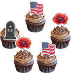 50 PCS Edible Memorial Day Cupcake Toppers Wafer Paper Red Poppy American Flag Tombstone RIP Cake Toppers Edible Patriotic Theme Remembrance Party Decorations for Veterans Day Party Dessert Supplies