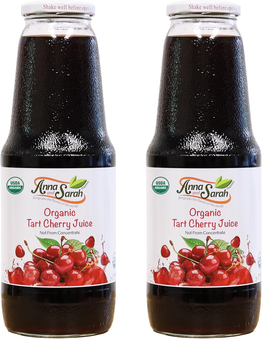 Anna and Sarah 33.8 Oz Organic Tart Cherry Juice - USDA Organic Certified - Glass Bottle (2 Pack) No Sugar, No Artificial Colors, No Preservatives, No Flavors Added,NOT from CONCENTRATE