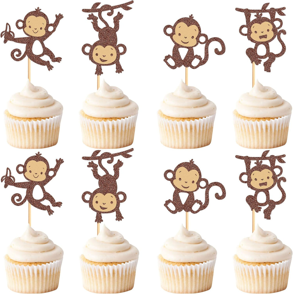24Pcs Glitter Brown Monkey Cupcake Toppers Cute Monkeys Cupcake Picks for Baby Shower Boys Girls Monkey Birthday Party Cake Cupcake Decorations Supplies