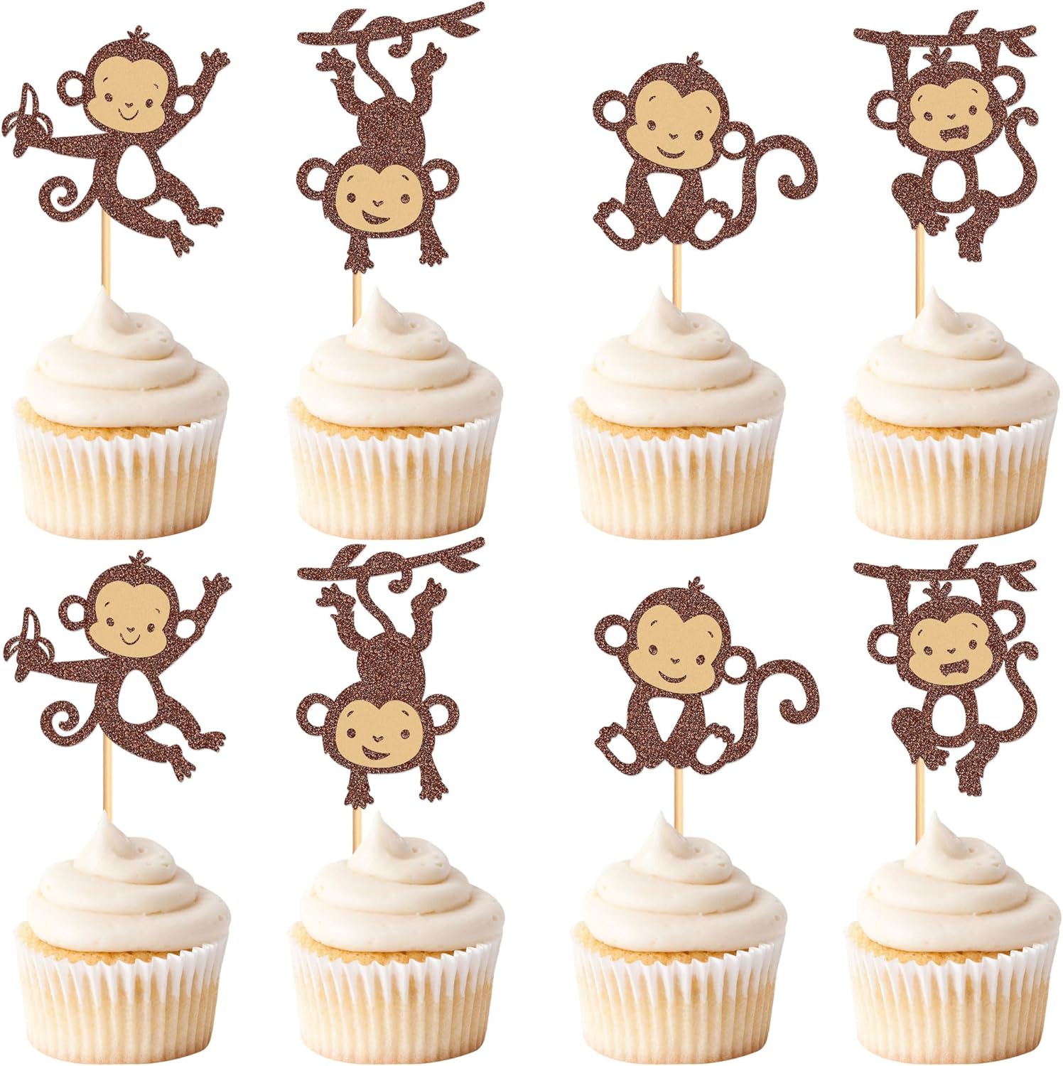 24Pcs Glitter Brown Monkey Cupcake Toppers Cute Monkeys Cupcake Picks for Baby Shower Boys Girls Monkey Birthday Party Cake Cupcake Decorations Supplies