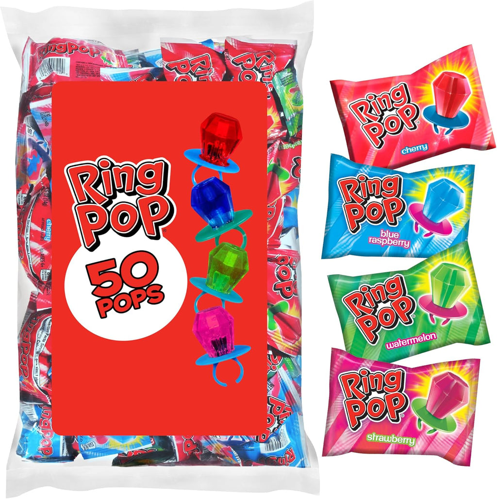 Ring Pop Lollipops - Bulk Candy Individually Wrapped Suckers Variety Party Pack- 50 Count w/Assorted Flavors - Hard Candy for Party Favors, Kids & Goodie Bags