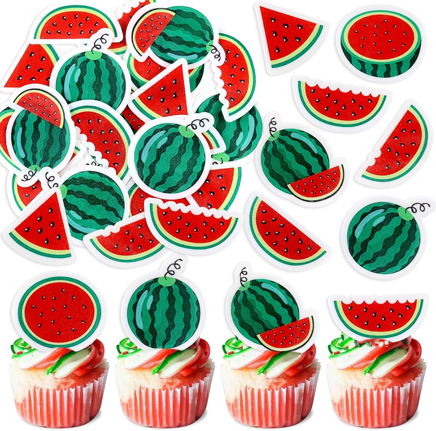 40Pcs Edible Watermelon Cupcake Toppers Cute Watermelon Cupcake Picks for Summer Fruit Baby Shower Fruit Boys Girls Birthday Party Cake Decorations Summer Holiday Party Decors