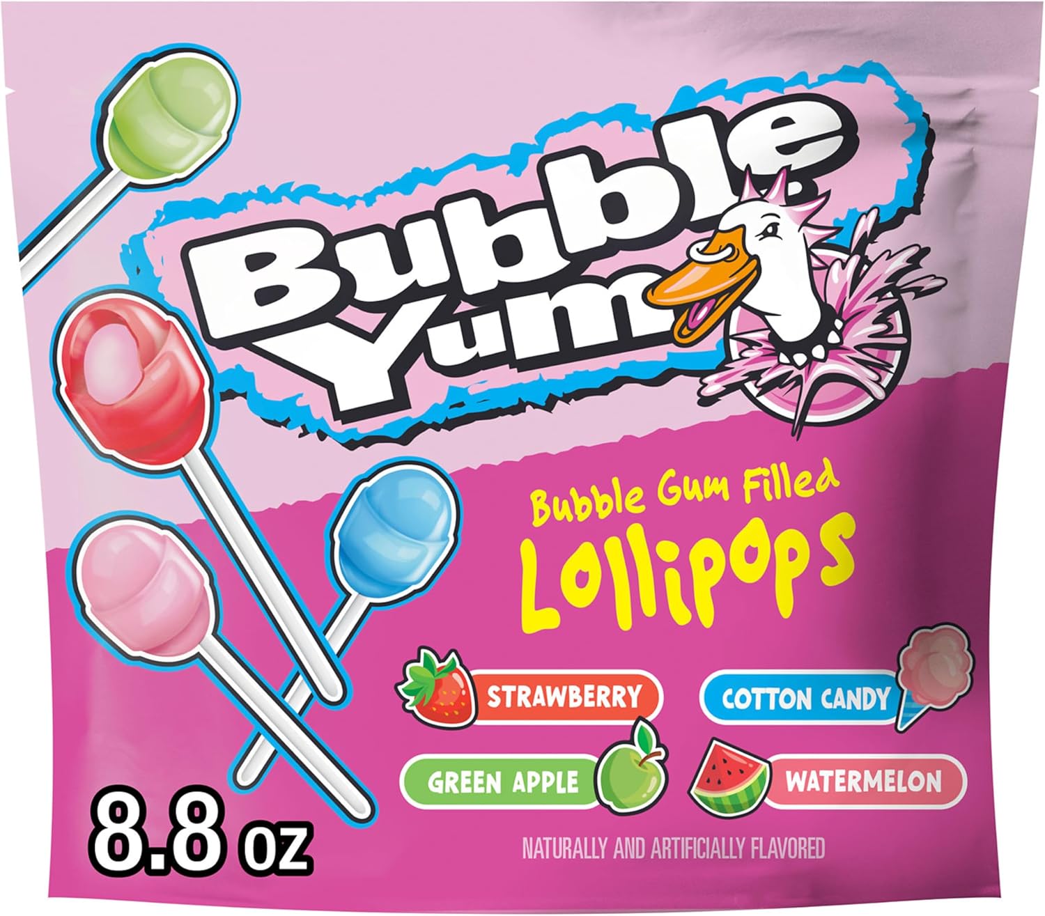 BUBBLE YUM Assorted Flavored Bubble Gum Filled Lollipops, Candy Bag, 8.8 oz