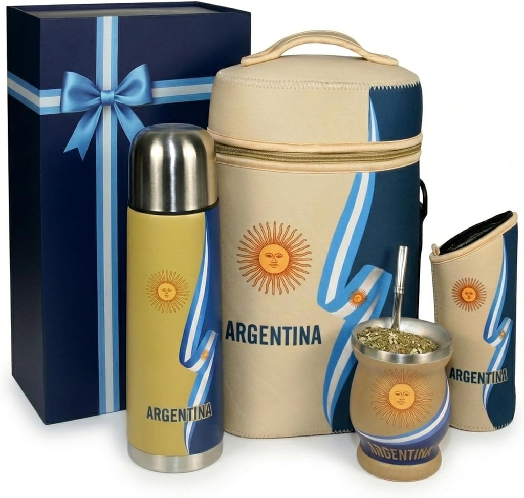 Yerba Mate Cup Set – Complete Argentine Yerba Mate Kit - 750 ml Stainless Steel Bottle, Mate Gourd, Bombilla, Neoprene Bag, Yerba Container & Gift Box (Cinta Argentina con Sol)