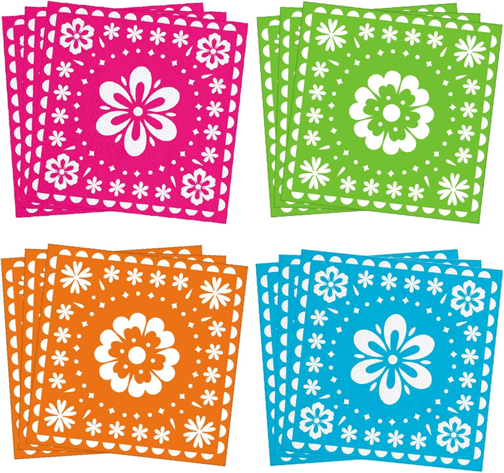 80 Count Mexican Fiesta Paper Napkins, 4 Bright Floral Designs Disposable Cocktail Napkins for Cinco de Mayo, Day of the Dead, Fiesta Wedding, Birthday Party, Taco Night, Summer BBQ Table Decorations