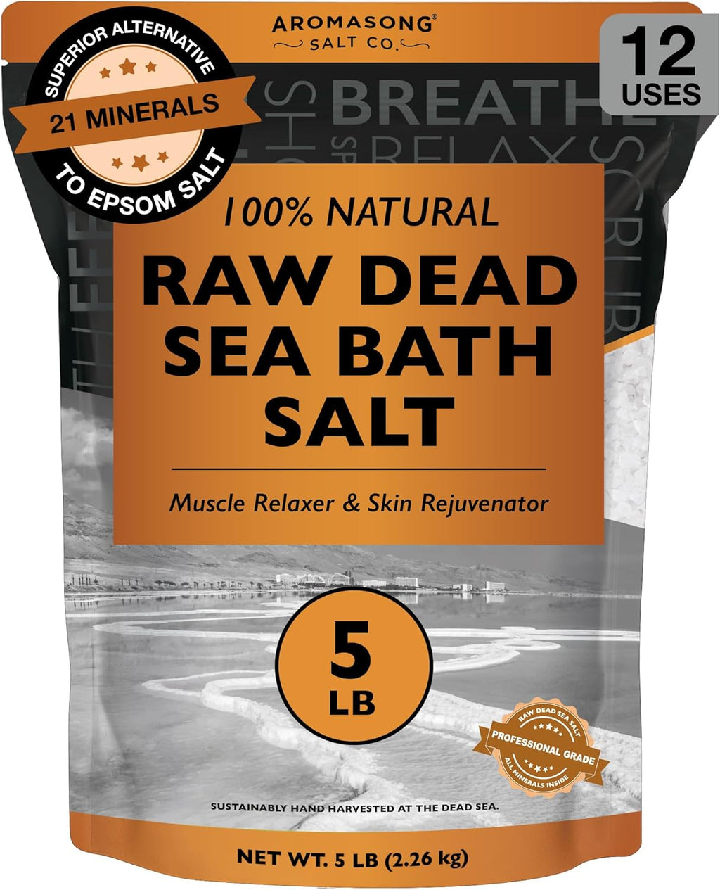 Aromasong Raw Dead Sea Bath Salt - Minimally Cleaned, Contains More Dead Sea Minerals Including Dead Sea Mud - 100% Pure & Natural Dead Sea Salts for Soaking 5 LB - Bulk Resealable Pack