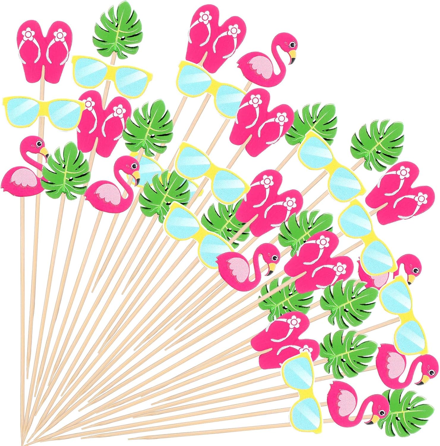 CHENGU 200 Pcs Summer Tropical Cocktail Picks Hawaiian Toothpicks Cupcake Toppers Beach Flamingo Palm Leaf Bamboo Fruit Sticks Cocktail Skewers for Appetizers Food Drinks Luau Party Decoration