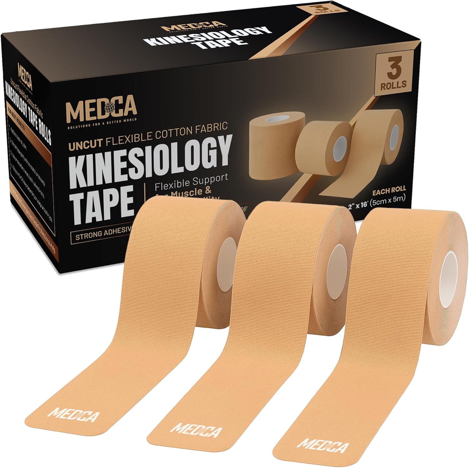 Kinesiology Tape Rolls - Pack of 3 (2 Inch x 16 Ft / 5cm x 5m) - Latex-Free, Breathable Cotton - Strong Adhesive for Muscle & Joint Support - Water-Resistant & Sweatproof for Sports & Recovery, Beige