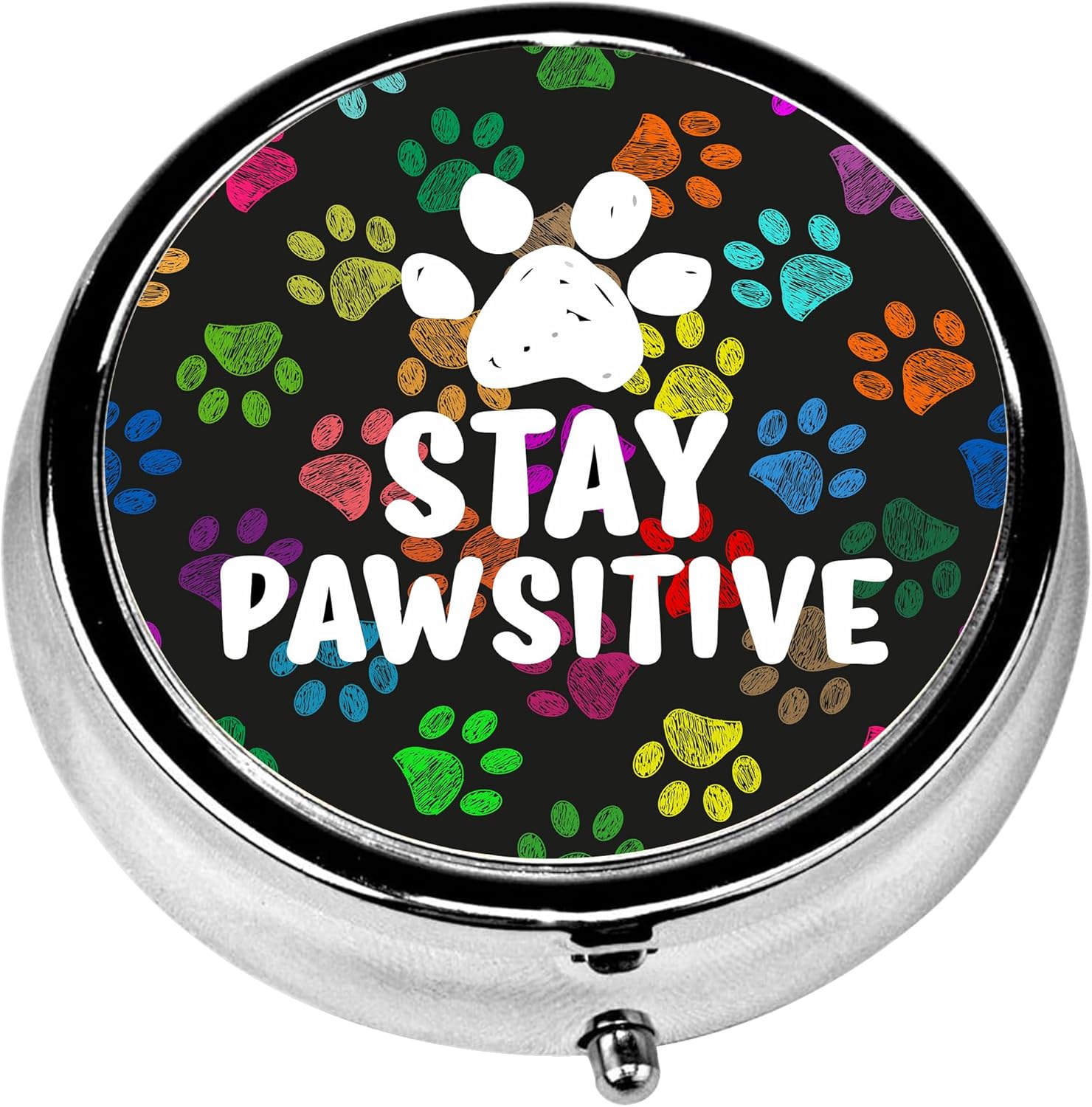 Pill Box, 3 Compartments Small Dog Lover Pill Case Travel Portable Metal Medicine Box with Mirror Mini Container for Purse Pocket Women Men(Dog Paw)