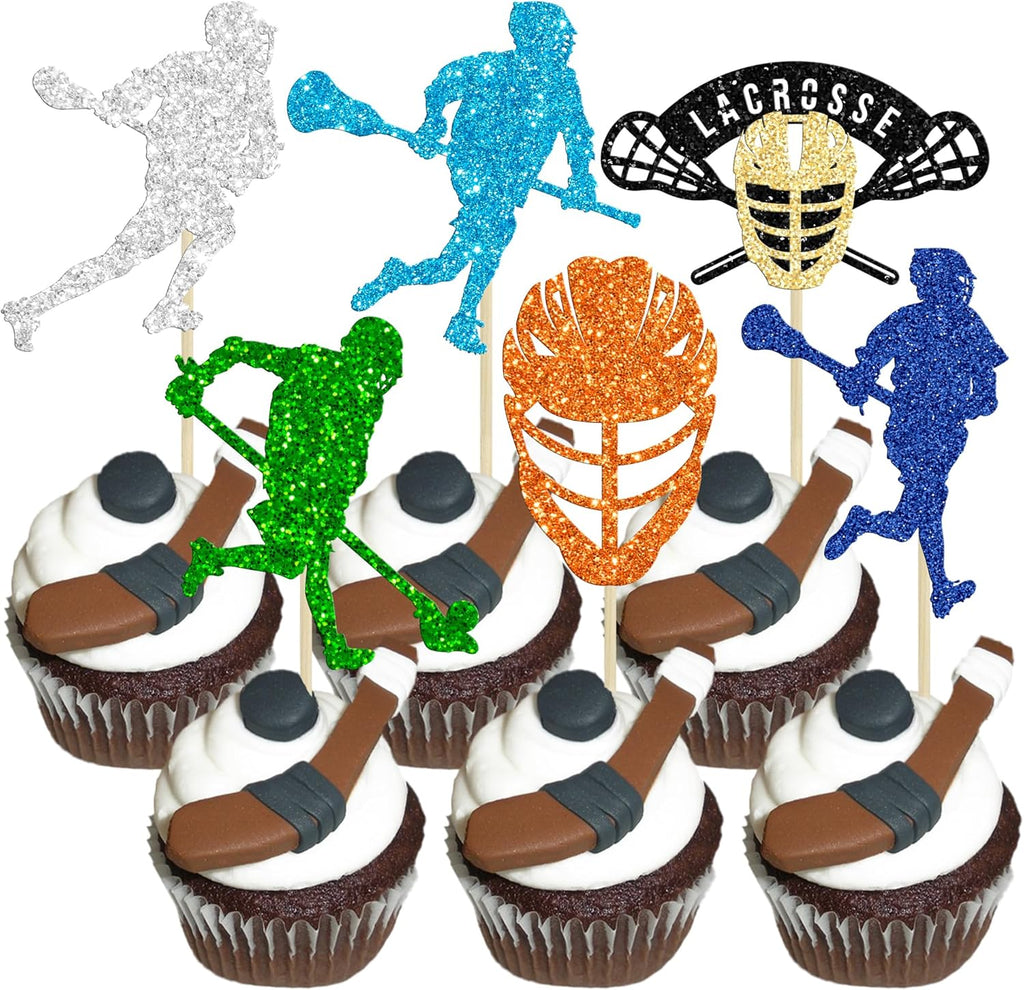 Gyufise 24Pcs Lacrosse Cupcake Toppers Glitter Lacrosse Party Decorations for boys Lacrosse Player Cupcake Picks for Lacrosse Sport Baby Shower Birthday Party Cake Decorations Black