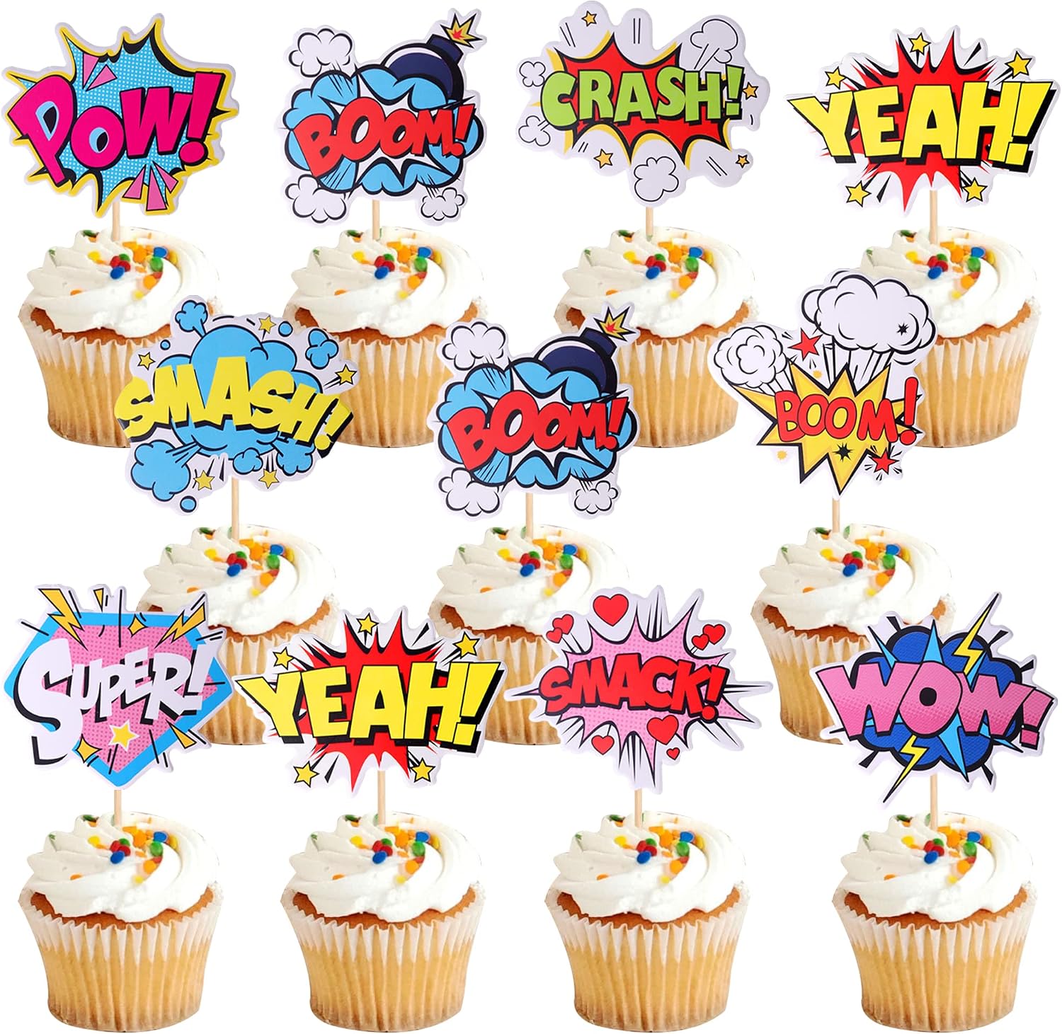 36 PCS Super Hero Boom Cupcake Toppers Smash Crash Pow Cupcake Picks for Celebrating Hero Theme Baby Shower Kids Birthday Party Cake Decorations Supplies