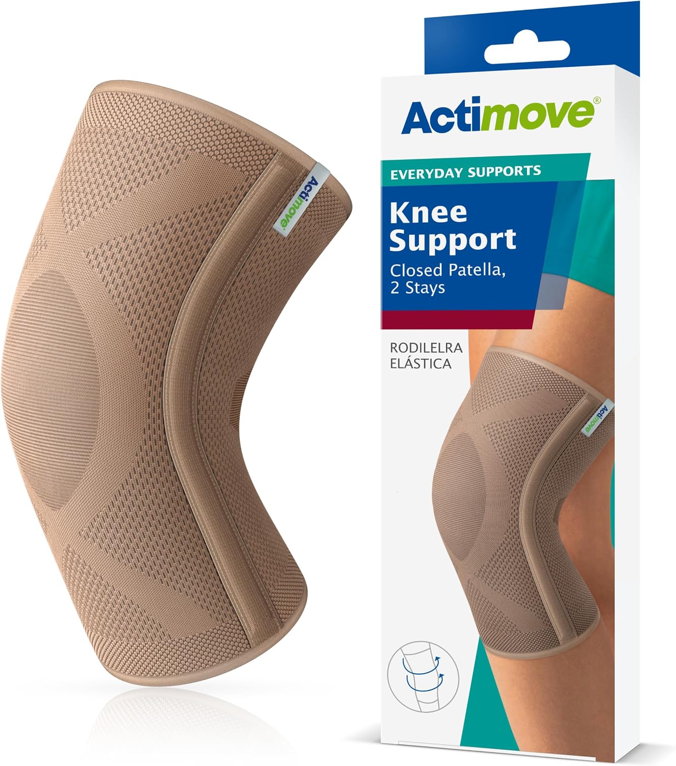 Actimove Everyday Supports Knee Support Closed Patella 2 Stays – Helps with Pain Relief and Swelling – For Chronic Knee Pain and Overuse Knee Injuries – Left/Right Wear – Beige, X-Large