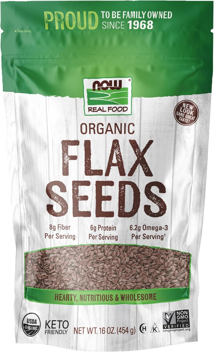 NOW Foods, Organic Flax Seeds, Source of Essential Fatty Acids and Fiber, Certified Non-GMO, Kosher, 1-Pound (Packaging May Vary)