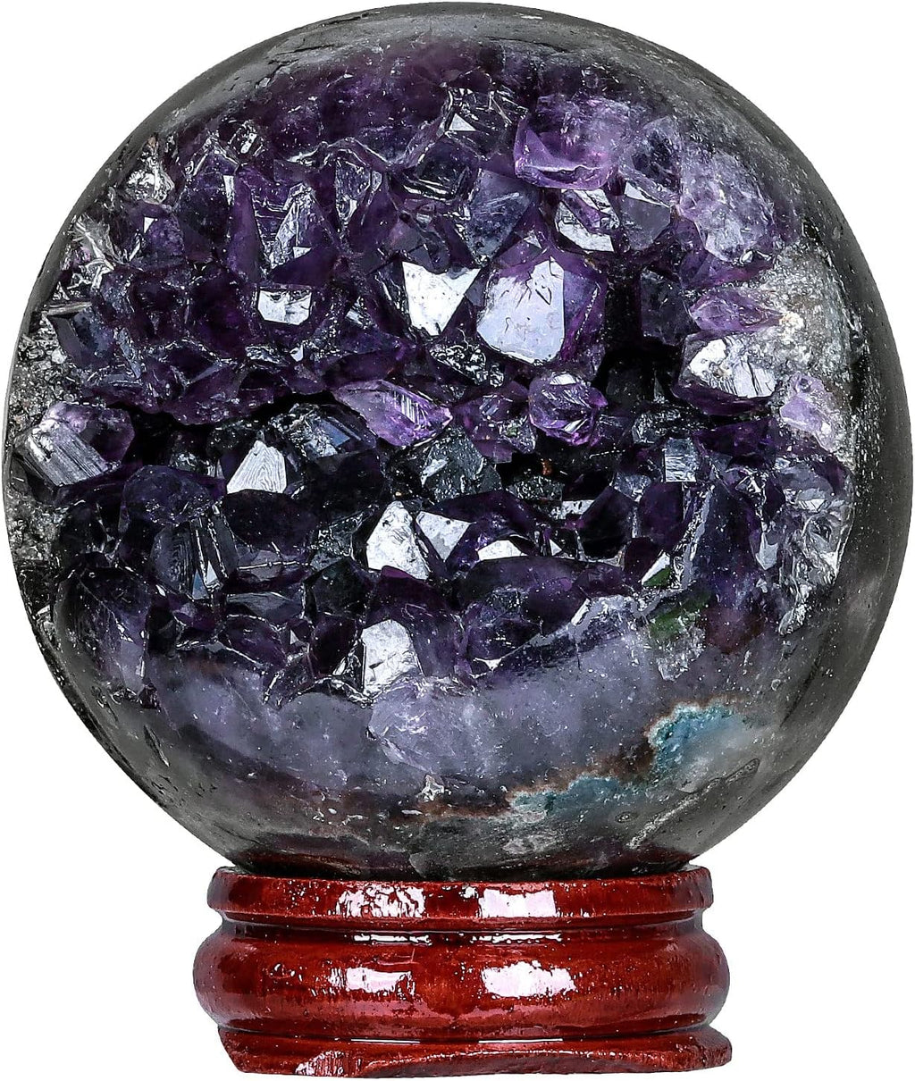 Rockcloud Natural Amethyst Druzy Geode Crystal Ball Healing Stone Sphere Ball for Home Decoration Meditation with Wooden Base, 2.01-2.36 inches