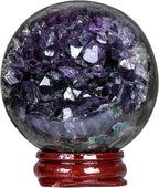 Rockcloud Natural Amethyst Druzy Geode Crystal Ball Healing Stone Sphere Ball for Home Decoration Meditation with Wooden Base, 2.01-2.36 inches