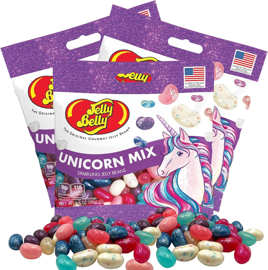 Needzo Unicorn Mix Flavored Jelly Beans, Girls Birthday Party Themed Gourmet Chewy Candy, Shareable Bagged Candies, Pack of 3, 3.5 Ounces