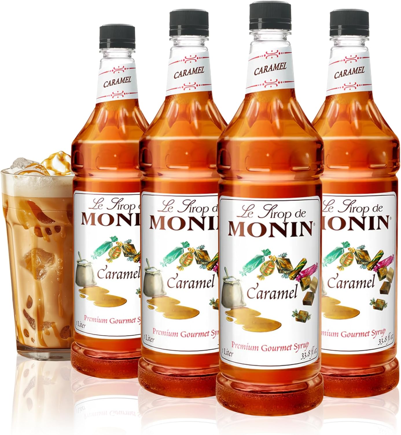 Monin - Caramel Syrup, Rich and Buttery, Great for Desserts, Coffee, and Cocktails, Gluten-Free, Non-GMO (1 Liter, 4-Pack)