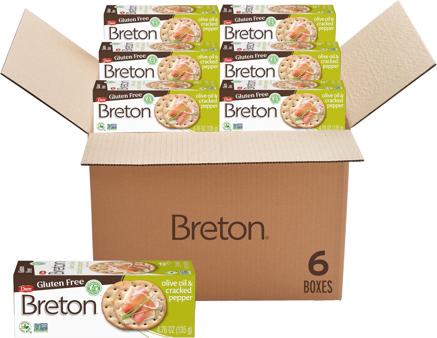 Breton Gluten Free Olive Oil and Cracked Pepper Crackers Bulk (Pack of 6) - Entertaing Pack, Non-GMO, Plant-Based, For Snacking, Dips, Charcuterie Boards, Cheese and Spreads, 6x4.76oz