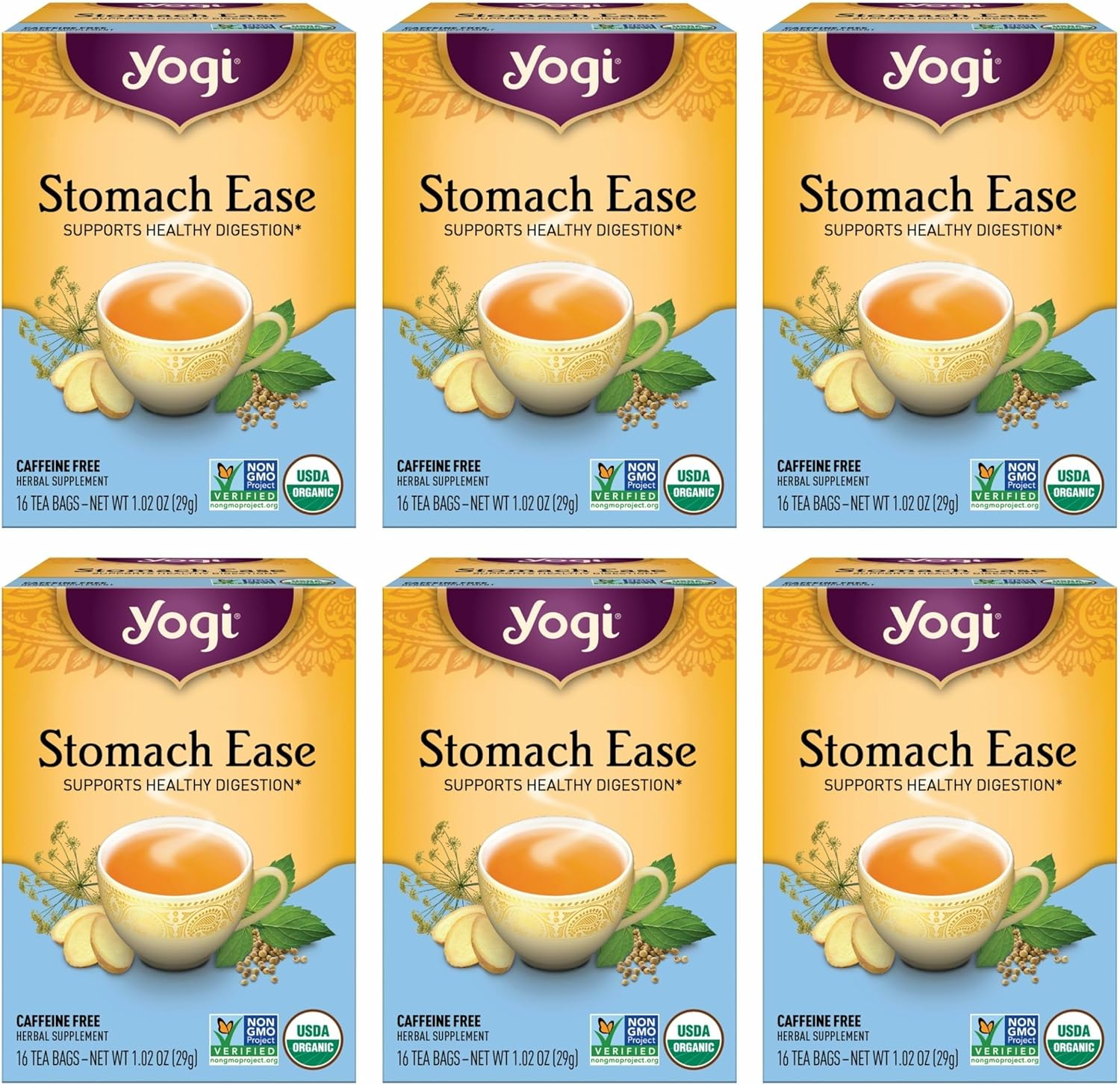 Yogi Tea - Stomach Ease (6 Pack) - Supports Healthy Digestion with Peppermint, Licorice Root, and Ayurvedic Herbs - Caffeine Free - 96 Organic Herbal Tea Bags