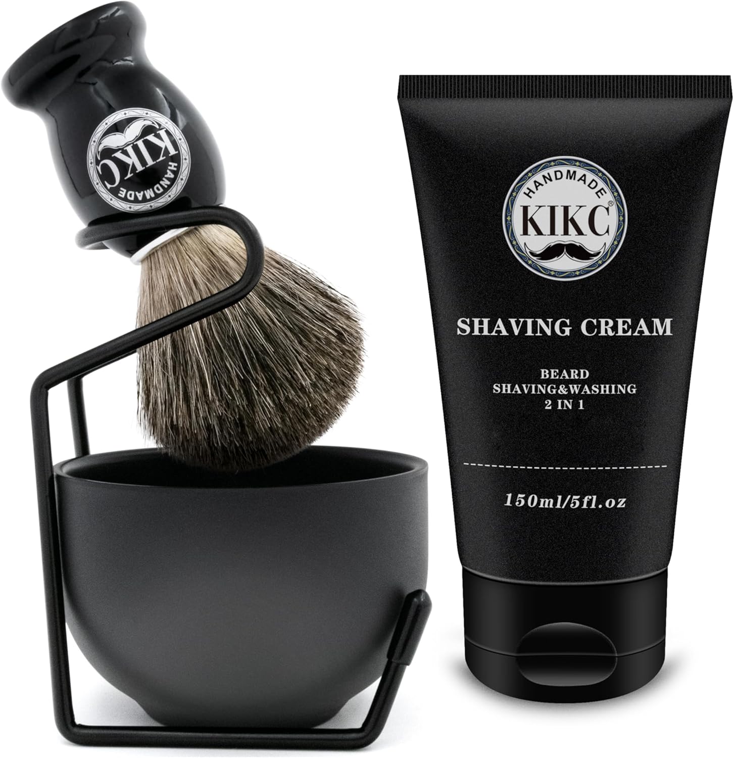 5 in 1 Shaving Kit for Wet Shave, Set Includes Hand Crafted Pure Badger Shave Brush, Stainless Steel Lathering Soap Bowl, Shave Brush Stand, Shaving Cream, Best Gift for Bearded Man, Deluxe Black