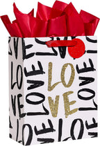 SUNCOLOR Large Valentine's Day Gift Bag with Tissue Paper, Black and Gold Love Design, 13 x 10.2 x 4.7 Inches, for Birthday, Mother's Day
