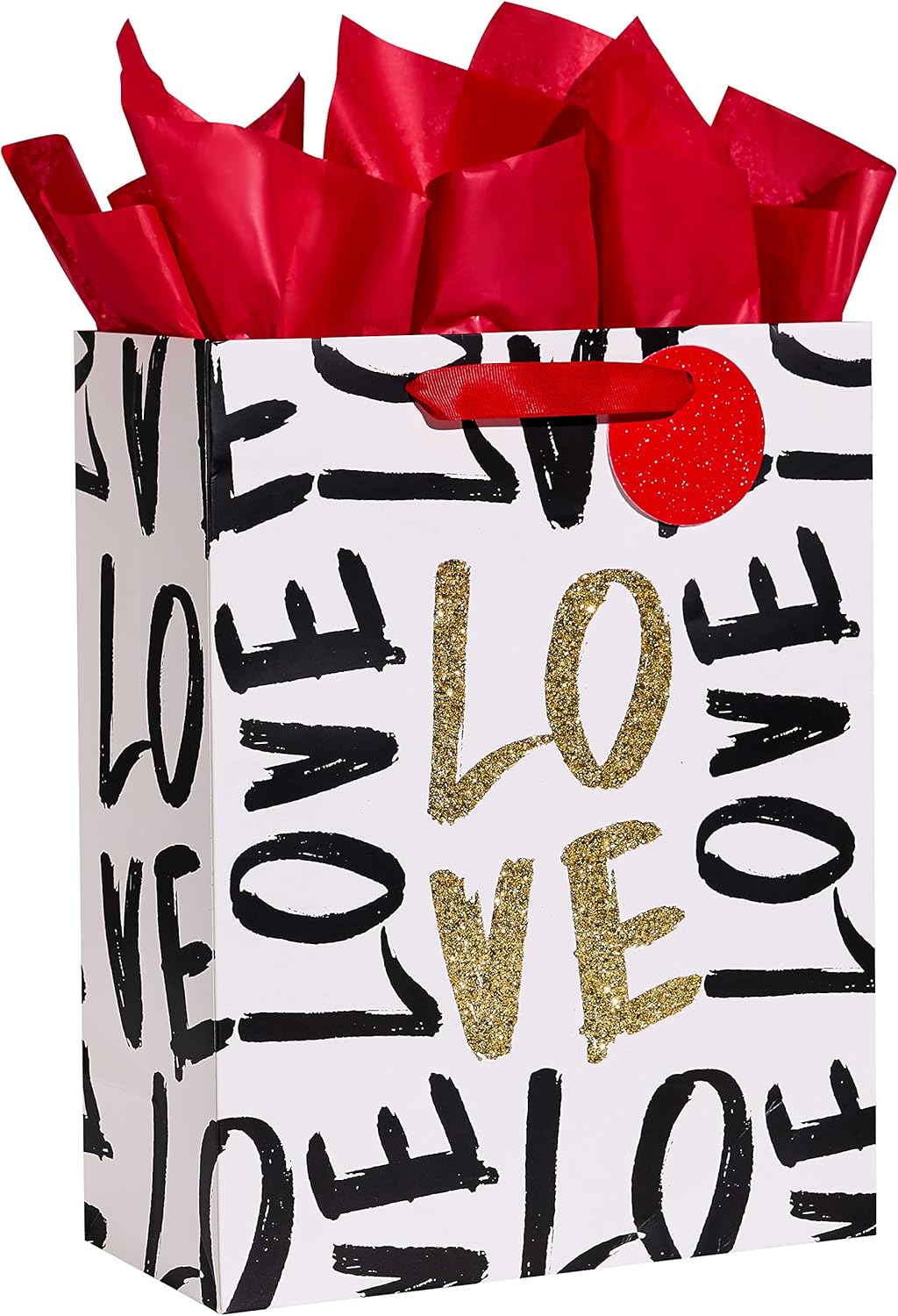 SUNCOLOR Large Valentine's Day Gift Bag with Tissue Paper, Black and Gold Love Design, 13 x 10.2 x 4.7 Inches, for Birthday, Mother's Day