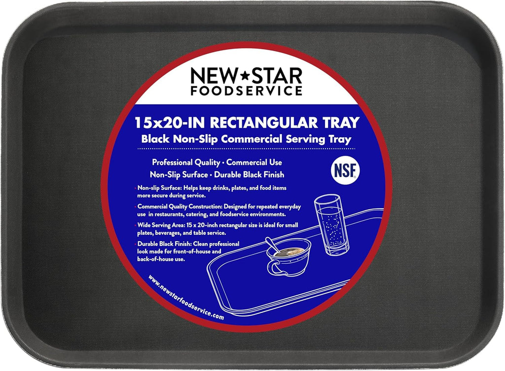New Star Foodservice Restaurant Grade Non-Slip Tray, Plastic, Rubber Lined, Rectangular (Black, 15-Inch x 20-Inch)