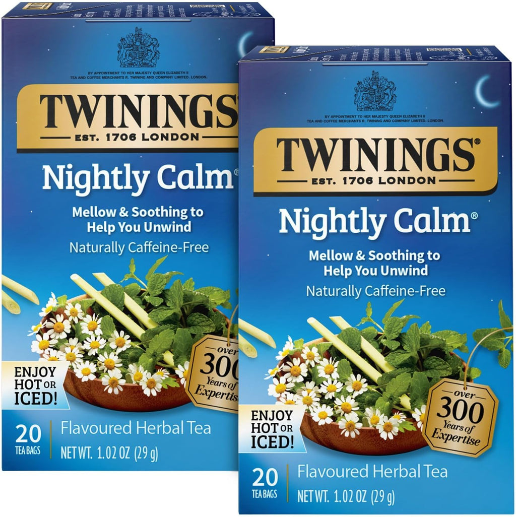 Twinings Nightly Calm Herbal Tea Bags 2-Pack – Sleep Tea, Bedtime with Calming Camomile, Spearmint and Lemongrass, Naturally Caffeine-Free, 20 Count Each