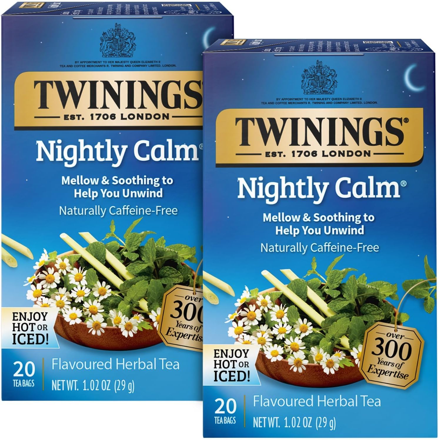 Twinings Nightly Calm Herbal Tea Bags 2-Pack – Sleep Tea, Bedtime with Calming Camomile, Spearmint and Lemongrass, Naturally Caffeine-Free, 20 Count Each