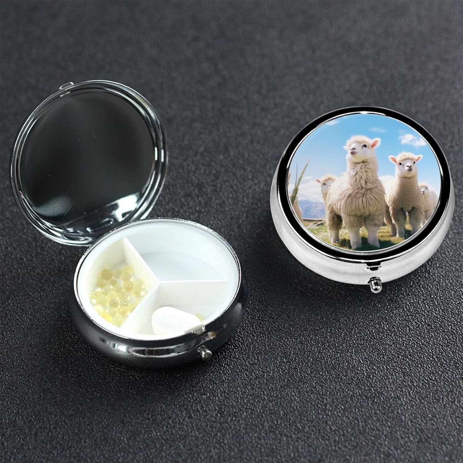 Cute Sheep Print Pill Box Round Pill Case 3 Compartment Mini Medicine Storage Box for Vitamins Portable Pill Organizer Metal Travel Pillbox Pill Container for Pocket Purse Office