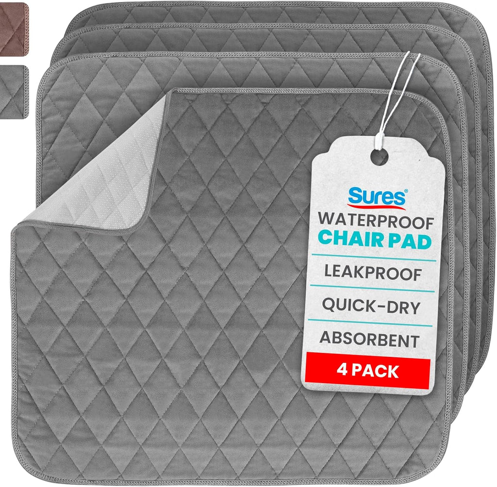 Sures Waterproof Chair Pads for Incontinence (22" x 21") - Washable Seat Protector - Chair Cover - Absorbent Pad for Bed, Seat, Car, Wheelchair & Recliner (Gray, 4 Pack)