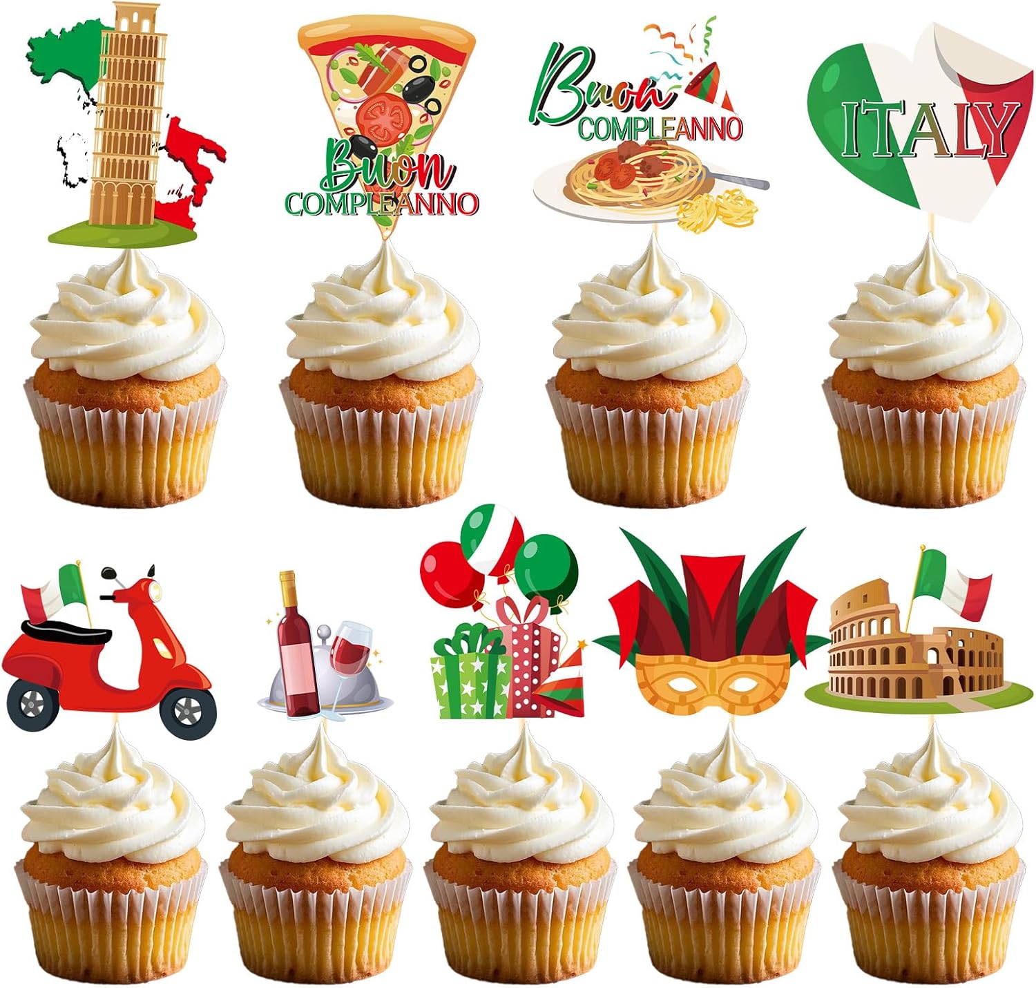 Italian Birthday Party Decorations - 36PCS Italy Pizza Cupcake Toppers Parties Decoration Buon Compleanno Cupcake Picks Decor Supplies