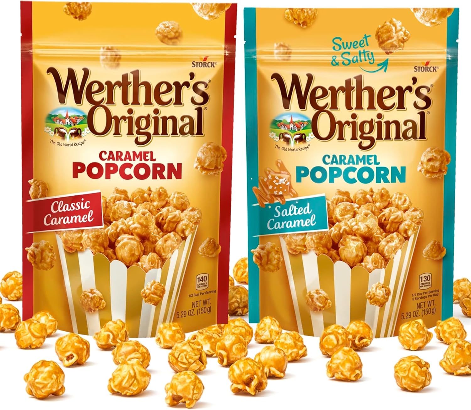 Werthers Caramel Crunch Topping Popcorn Duo Pack – Classic & Salted Caramel Flavours, 2 × 5.29 oz Resealable Popcorn Bags – Gourmet Sweet & Salty Snack Box Gifts for Movie Nights