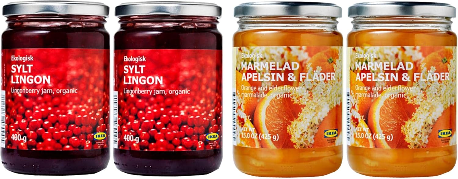Ikea Organic Jam Bundle - Includes Total 4 Preserves - 2 SYLT LINGON Lingonberry Organic Preserves and and 2 MARMELAD APELSIN & FLÄDER Orange & elderflower organic Marmalade.