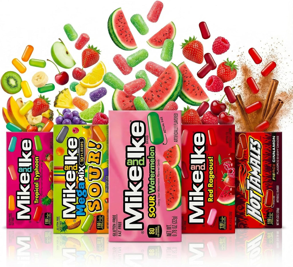 BP Bundle – Mike and Ike Theatre Box Candy Variety Pack – Fruity, Sour & Spicy Mixes – Candied Fruit, Mixed Fruit Gummy Candies Individually Wrapped Bags