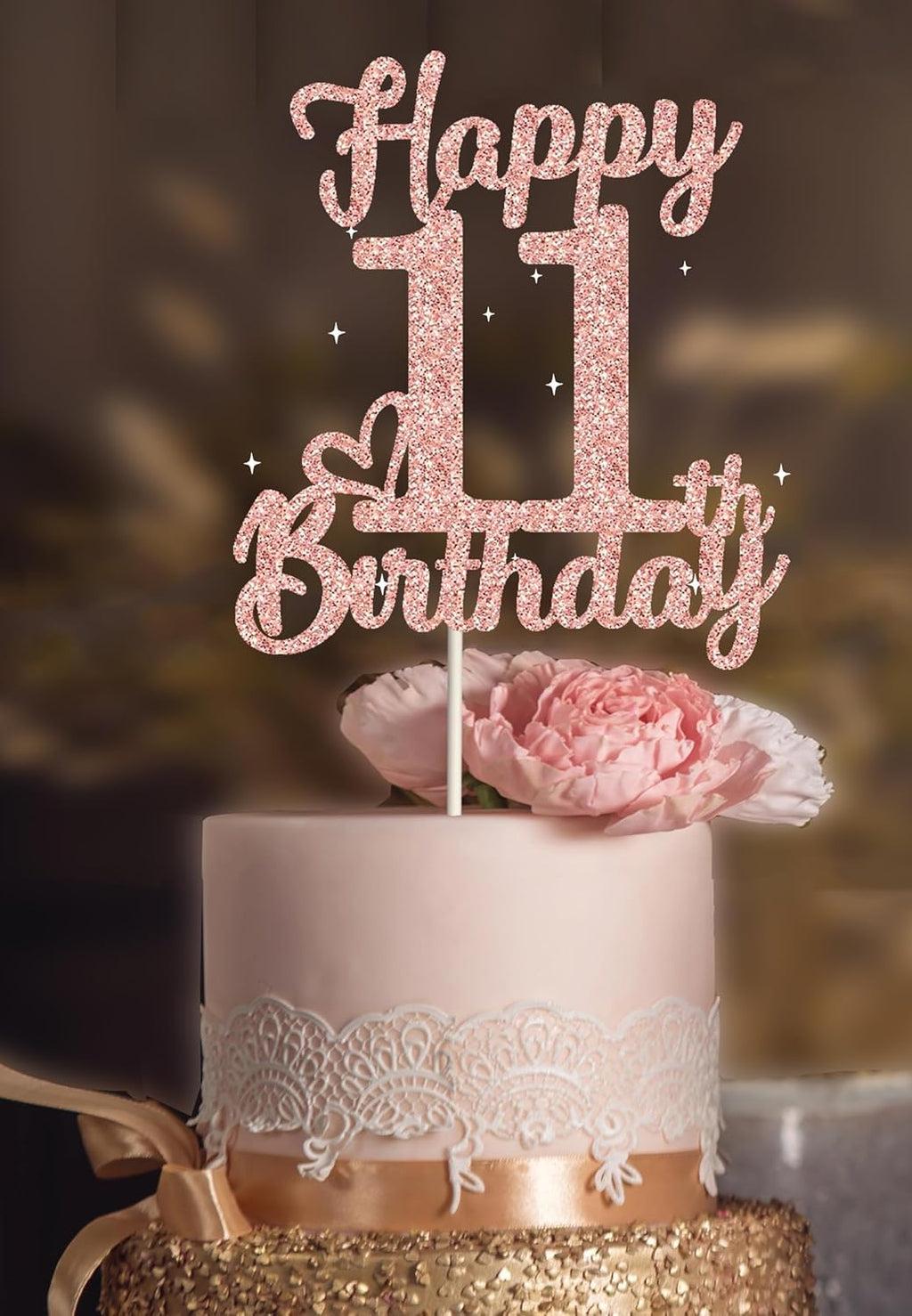 11th Birthday Cake Topper - Double Sided Rose Rose Gold Glitter, Happy 11th birthday Cake Topper for girls,11 Cake Topper For girls, 11th birthday decorations,11th Birthday Cake Topper Eleven