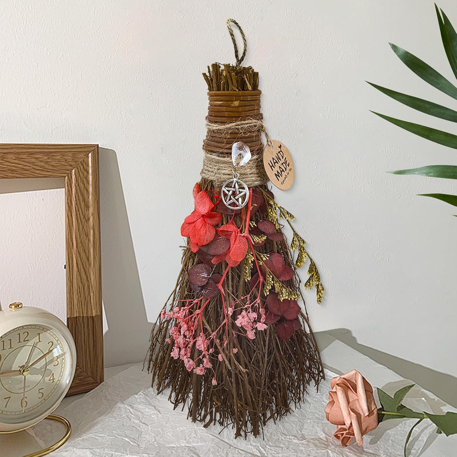 Cinnamon Broom 7.5 Inch Witch Broom for Altar Magic Crystal Handmade Mini Cinnamon Broomstick Scented Natural Herbal Protection Witchcraft Supplies for Wiccan Décor Witchy Gifts (Red)