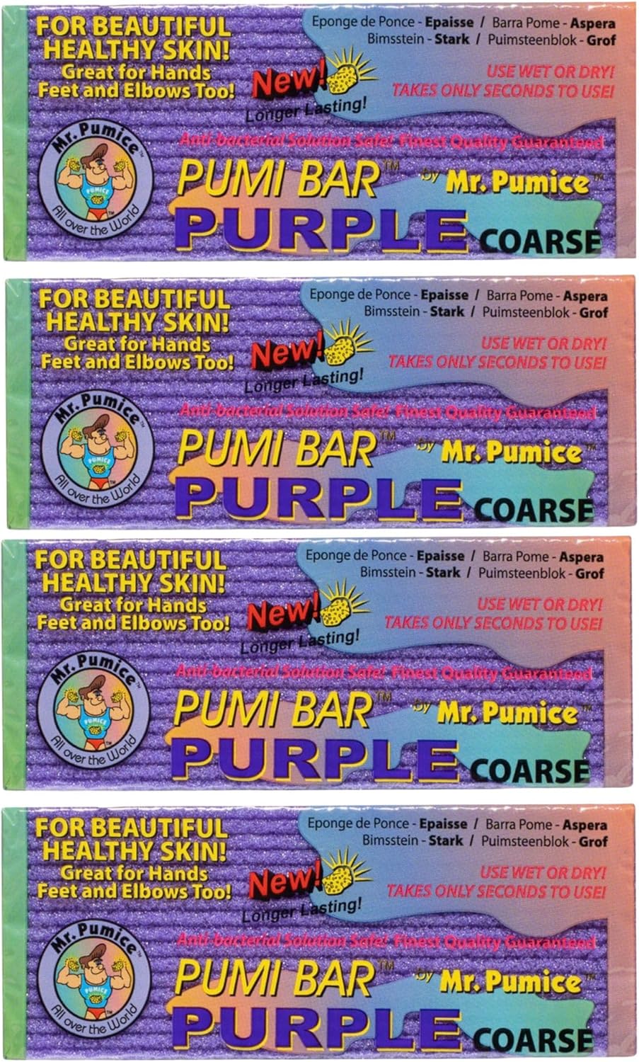 Mr. Pumice Purple PUMI Bar - Extra-Coarse, Pumice Stone for Feet Callus Remover, Pedicure Tools for Feet, Foot Scrubber for Dead Skin Remover, Foot Care, 4 Pack