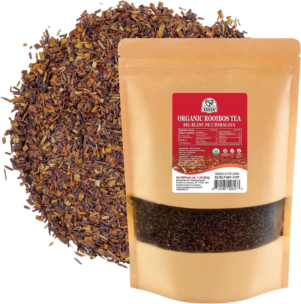 52USA Organic Rooibos Tea, 1 LB, Red Rooibos Loose Leaf Tea, Naturally Caffeine-Free, Pure South African Red Bush Herbal Tea, Non-GMO, USDA Organic