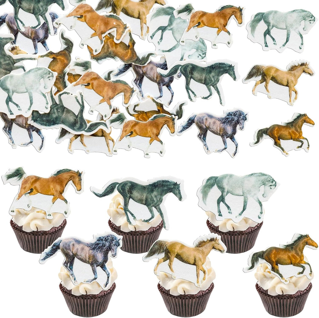 Ephlyn 54Pcs Edible Horse Cupcake Toppers Wafer Paper Animal Racing Horse Cake Toppers Dessert Muffin Cake Pick Decoration for Baby Shower Birthday Party Supplies