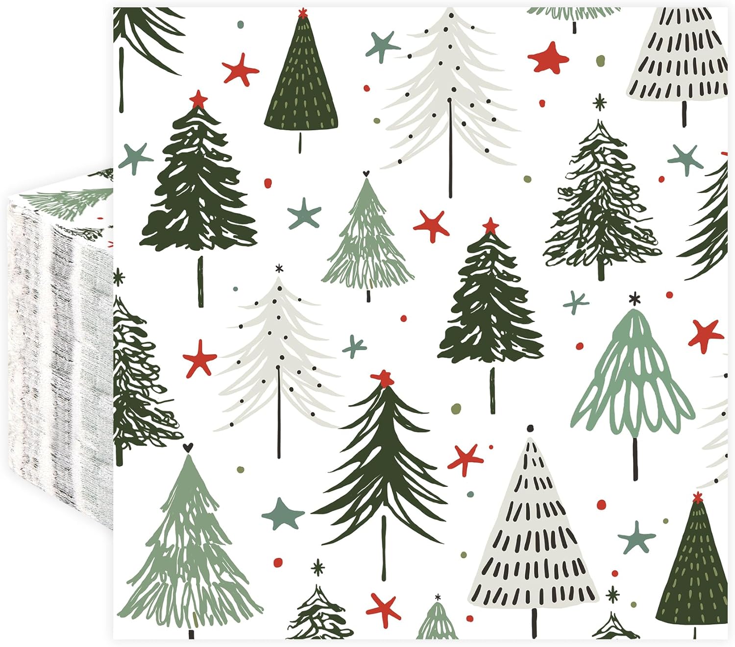 Quera 50 Pack Christmas Paper Napkins Christmas Tree Green 6.5'' x 6.5" Disposable White Beverage Napkins Decorative Table Napkin for New Year Winter Dinner Merry Christmas Holiday Xmas Party Supplies