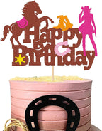 Glitter Horse Cowgirl Happy Birthday Cake Topper for Western Cowgirl or Cowboy Birthday Themed Cake Decorations Teenager Girls Boy's Gift Birthday Party Supplies