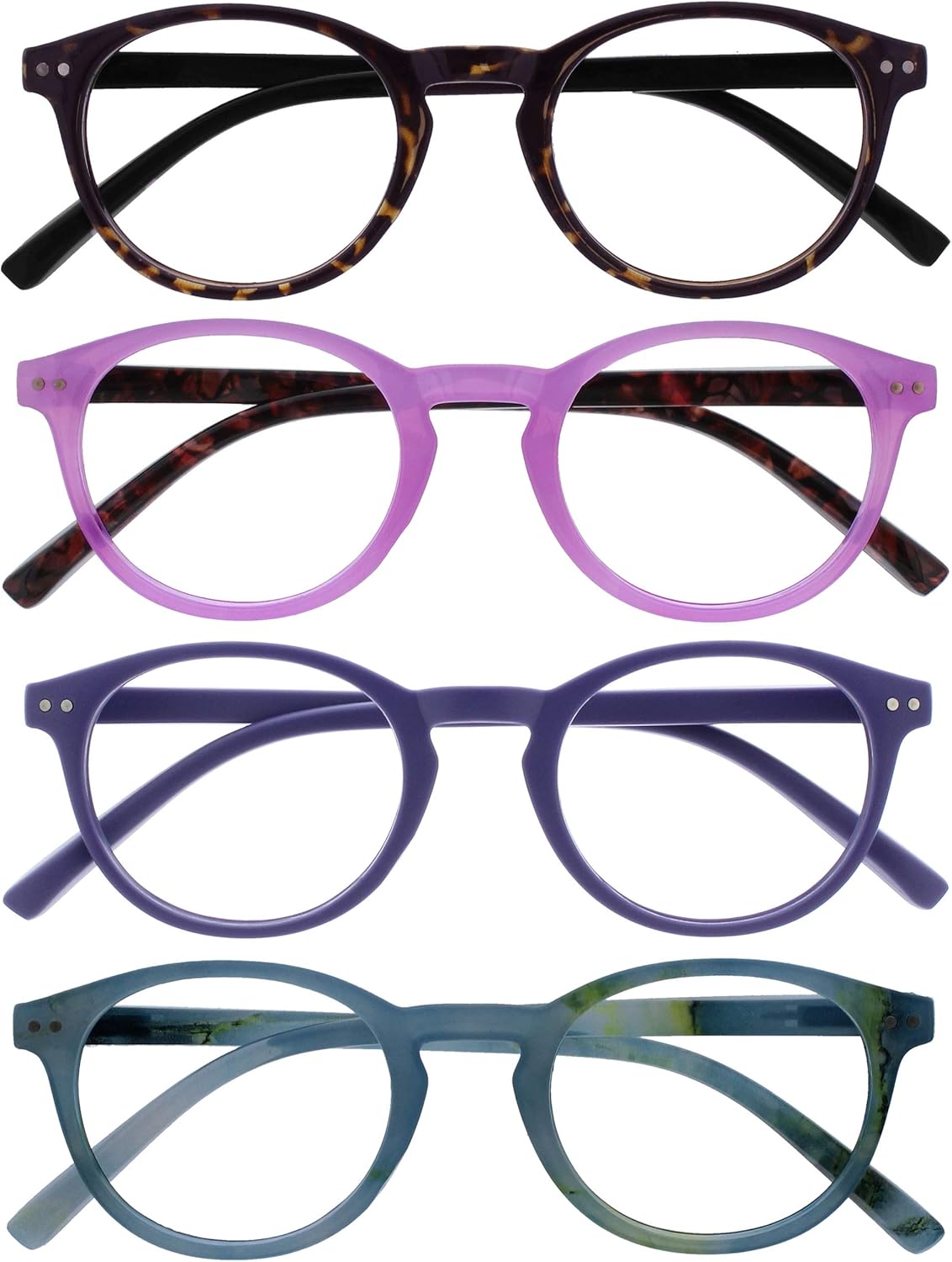 OPULIZE ZEN Reading glasses for Women Men,Scratch Resistant Round frame with Spring Hinges, Dark Brown,Pink,Purple,Turquoise Blue +2 (Pack of 4)