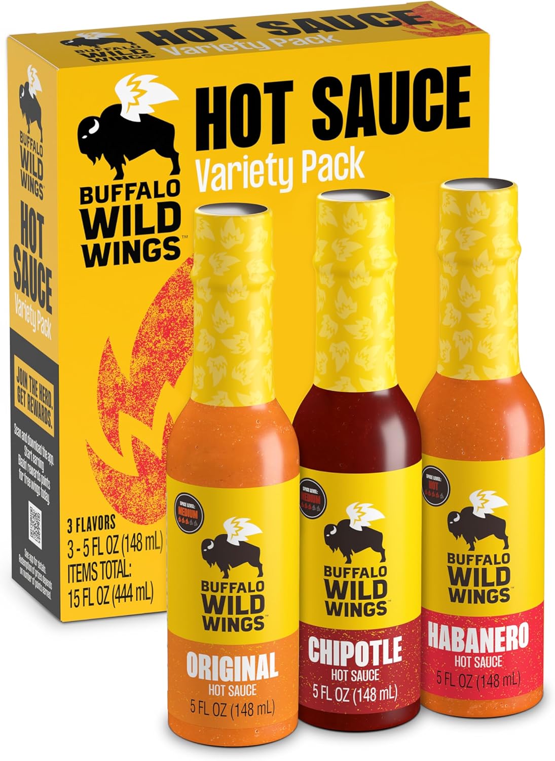 Buffalo Wild Wings Hot Sauce Gift Pack, Includes Classic, Habanero, and Chipotle Hot Sauces, 5 fl oz Bottles, Marinade, and Seasoning for Chicken Wings and Pork Ribs