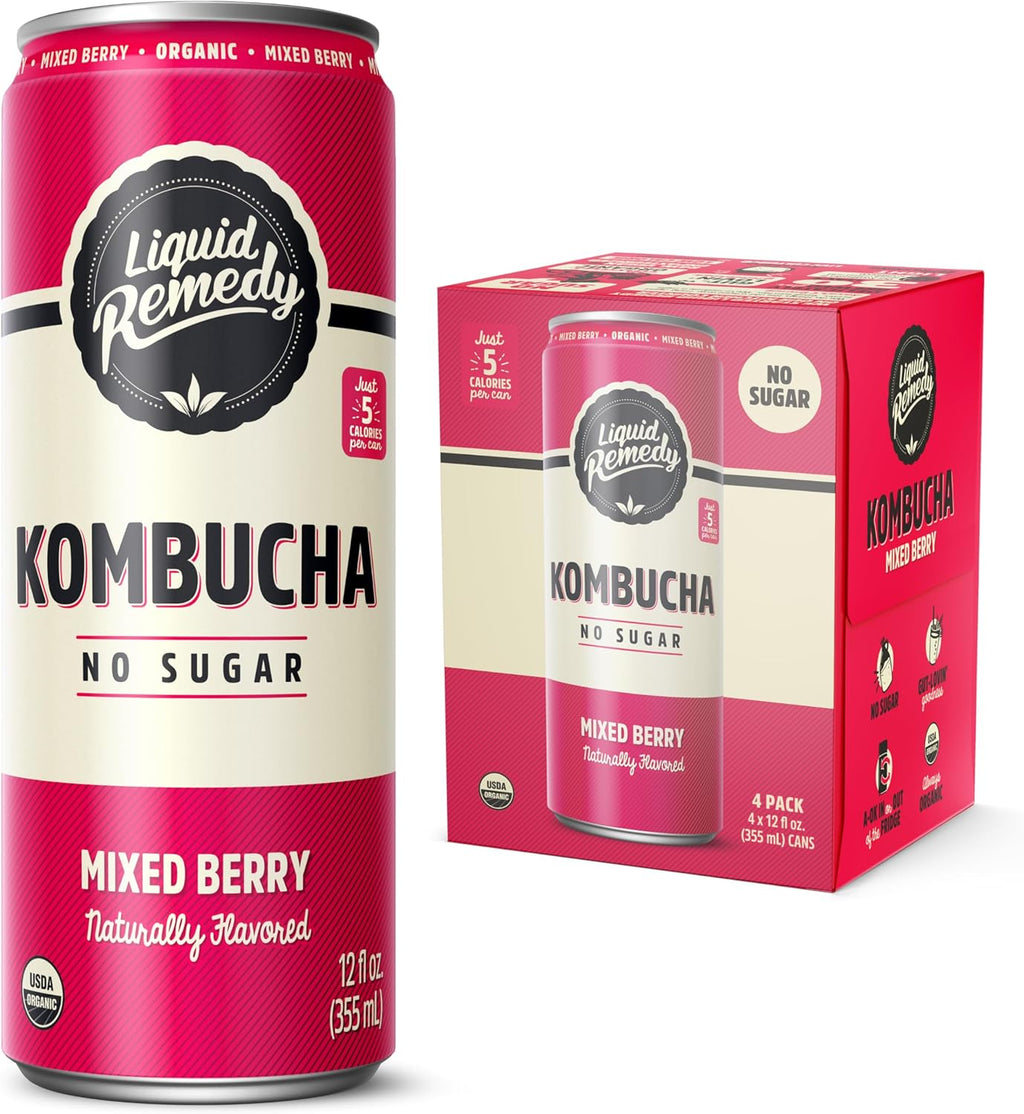Liquid Remedy Kombucha Sugar Free Organic Drink, Low Calorie, Probiotic Like Tea for Gut Health - Mixed Berry - 12 Fl Oz Can, 4-Pack