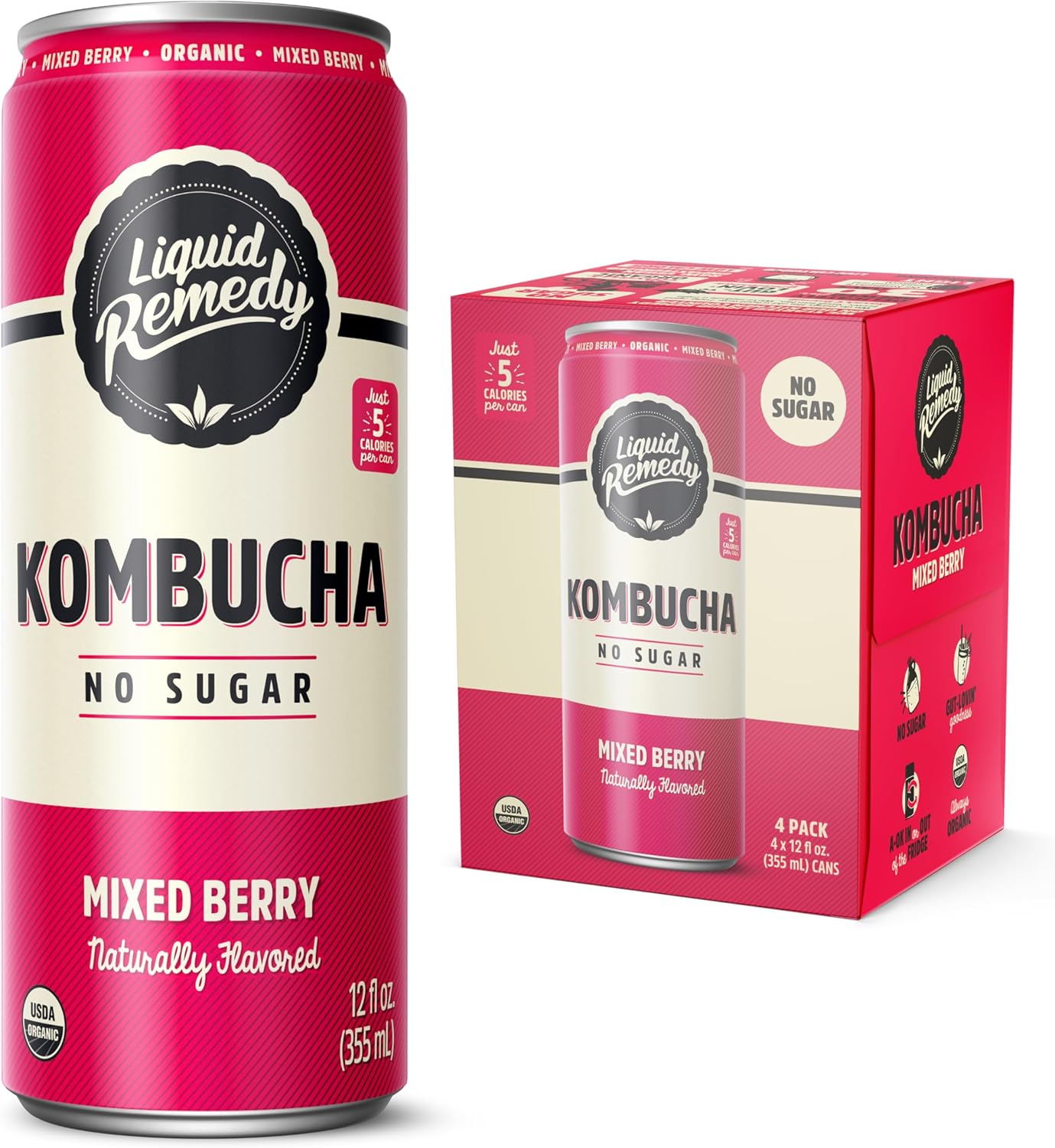 Liquid Remedy Kombucha Sugar Free Organic Drink, Low Calorie, Probiotic Like Tea for Gut Health - Mixed Berry - 12 Fl Oz Can, 4-Pack