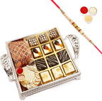 Ghasitaram Gifts Rakhi Gifts for Brothers Silver Tray with Assorted Choco Dryfruit Bites, Almonds and Mini Pooja Thali with Pearl Rakhi