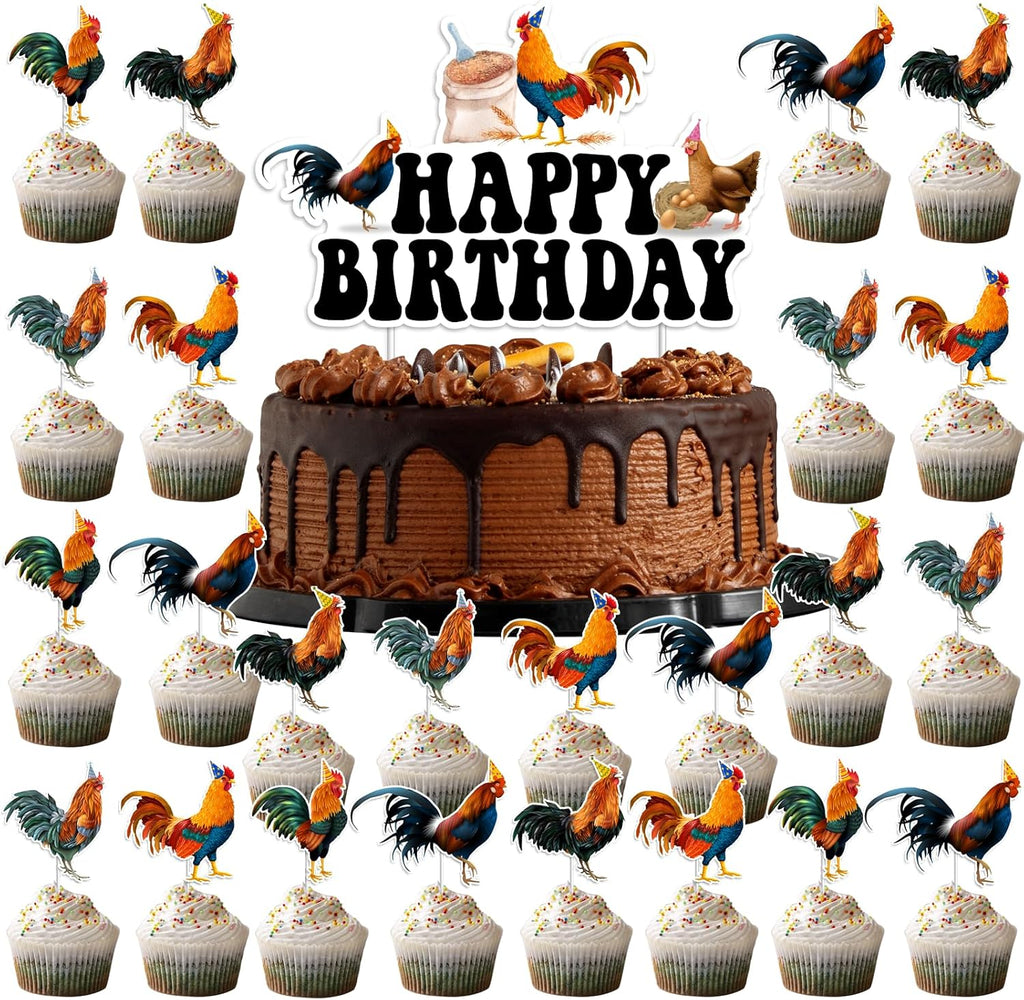 25 Pieces Rooster Cake Toppers，1PCS Chicken Theme Happy Birthday Cake Topper with 24PCS Rooster Cupcake Toppers, Chick Farm Backyard Birthday Party Supplies, Farm Animal Theme Decorations