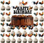 25 Pieces Rooster Cake Toppers，1PCS Chicken Theme Happy Birthday Cake Topper with 24PCS Rooster Cupcake Toppers, Chick Farm Backyard Birthday Party Supplies, Farm Animal Theme Decorations