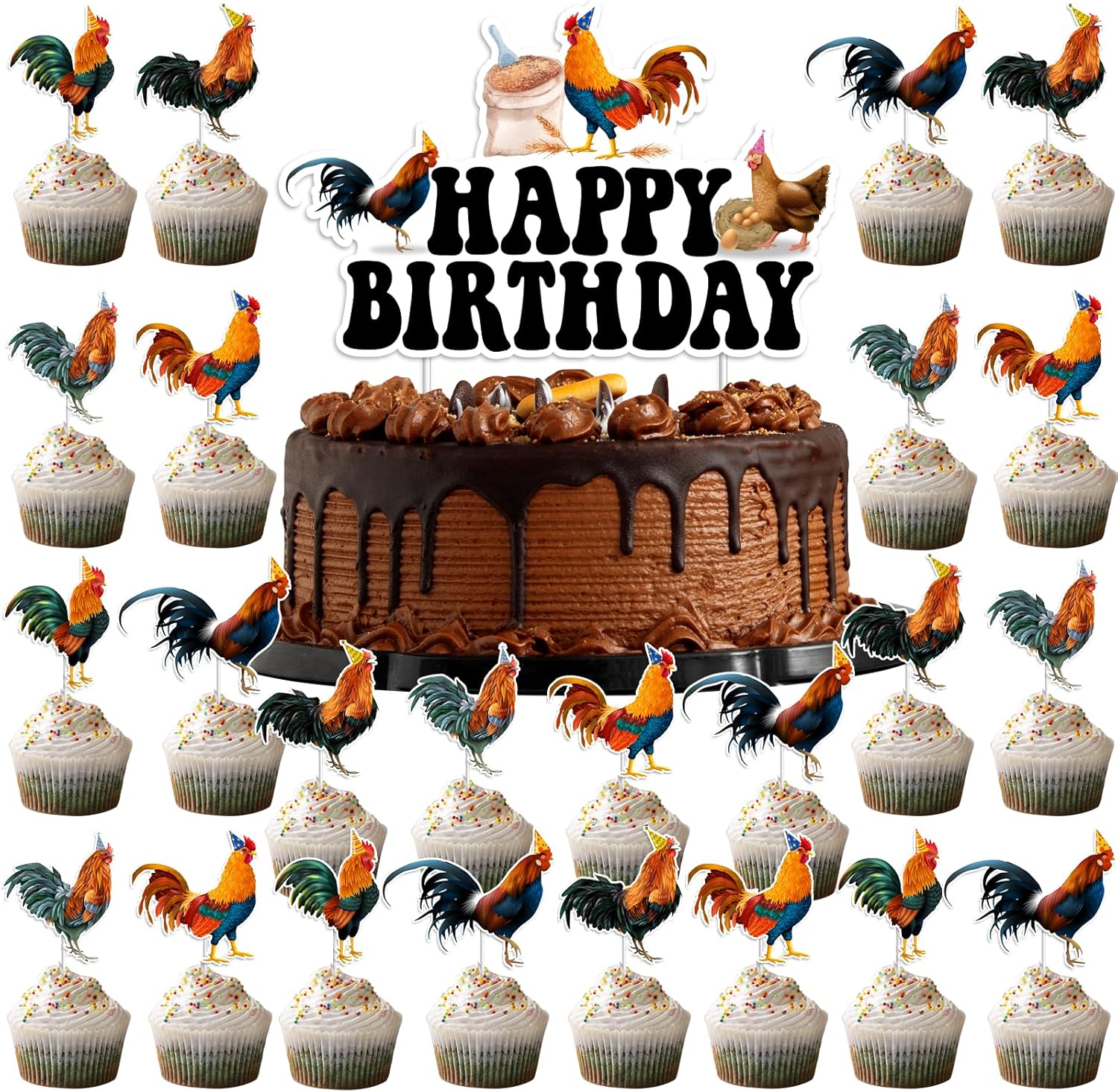 25 Pieces Rooster Cake Toppers，1PCS Chicken Theme Happy Birthday Cake Topper with 24PCS Rooster Cupcake Toppers, Chick Farm Backyard Birthday Party Supplies, Farm Animal Theme Decorations